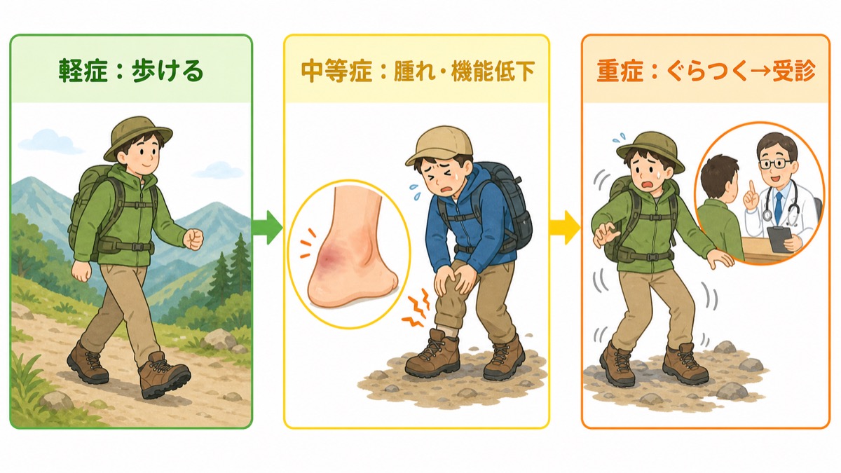 足首のねんざの重症度を軽症(歩ける)・中等症(腫れ・機能低下)・重症(ぐらつく・要受診)の3段階で示した図解