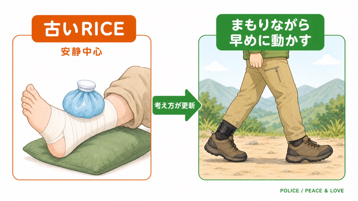 足首のねんざの応急処置がRICE(安静中心)から守りながら早めに動かすPOLICE・PEACE&LOVEへ更新されたことを示す図解