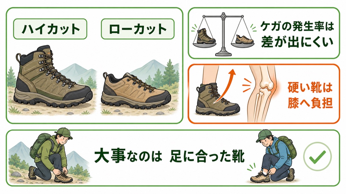 登山靴のハイカットとローカットでケガの発生率に差は出にくく硬い靴は膝へ負担がかかるため足に合った靴が大事と示した図解