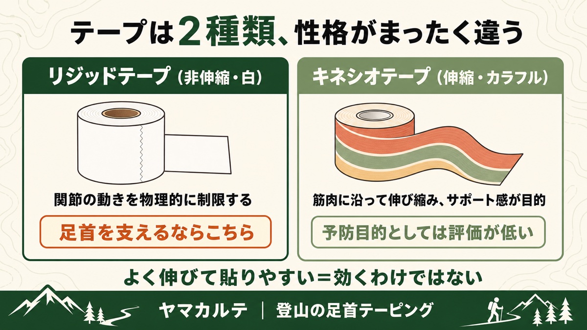 テープは2種類、リジッド非伸縮とキネシオ伸縮の性格の違いと使い分け 足首を支えるならリジッド ヤマカルテ