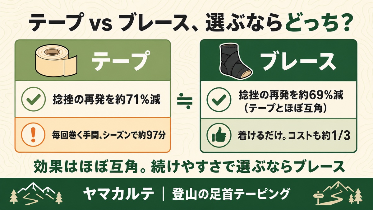 テープとブレースの比較 予防効果はほぼ互角（テープ約71%減・ブレース約69%減）だがコストと手間で差 ヤマカルテ