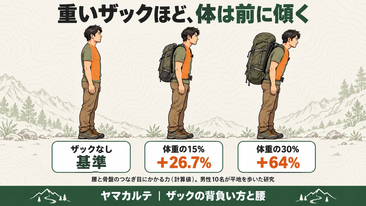 重いザックほど体は前に傾く図解 ザックなしを基準に 体重の15%のザックで腰と骨盤のつなぎ目にかかる力が26.7%増 30%で64%増（計算値・男性10名の研究） ヤマカルテ