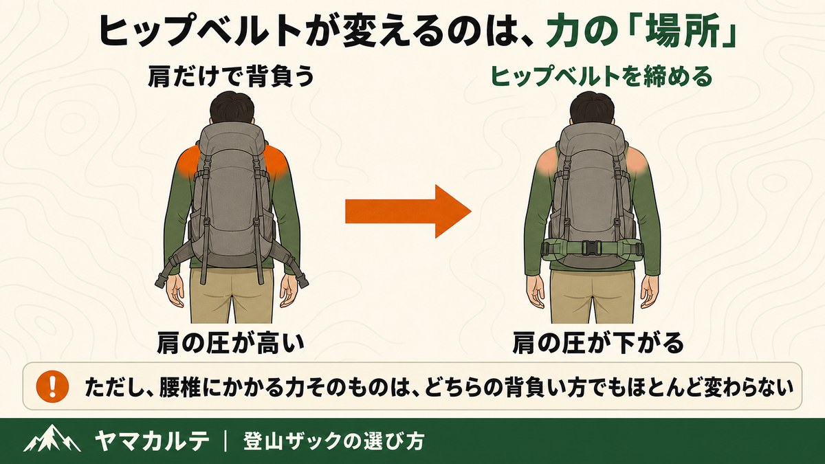 ヒップベルトが変えるのは力の場所という図解 肩だけで背負うと肩の圧が高く ヒップベルトを締めると肩の圧が下がる ただし腰椎にかかる力そのものはどちらの背負い方でもほとんど変わらない ヤマカルテ