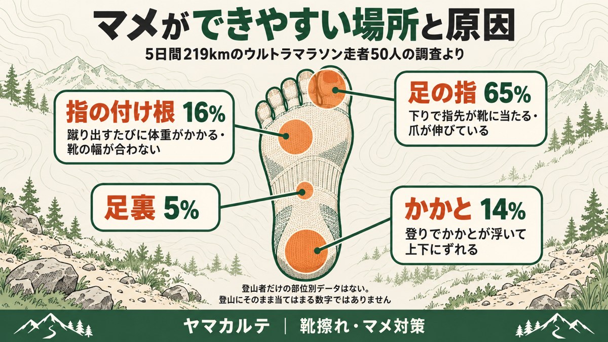 マメができやすい場所と原因 ウルトラマラソン走者50人の調査で足の指65%・指の付け根16%・かかと14%・足裏5% 下りの爪先、靴の幅、登りのかかとの浮きが原因の図解 ヤマカルテ