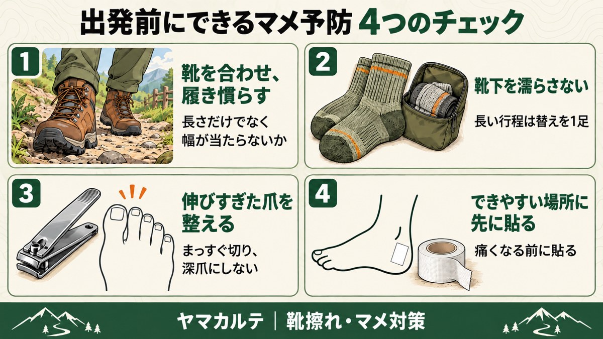 出発前にできるマメ予防4つのチェック 靴を合わせて履き慣らす・靴下を濡らさない・伸びすぎた爪を整える・できやすい場所に先に紙テープを貼る 図解 ヤマカルテ