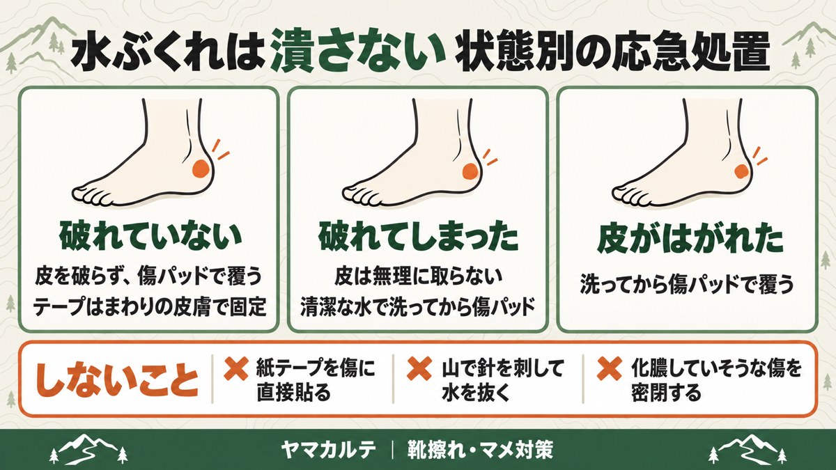 水ぶくれは潰さない 破れていない・破れた・皮がはがれた状態別の応急処置と、紙テープを傷に直接貼る・山で針を刺す・化膿した傷を密閉するなどしないこと 図解 ヤマカルテ