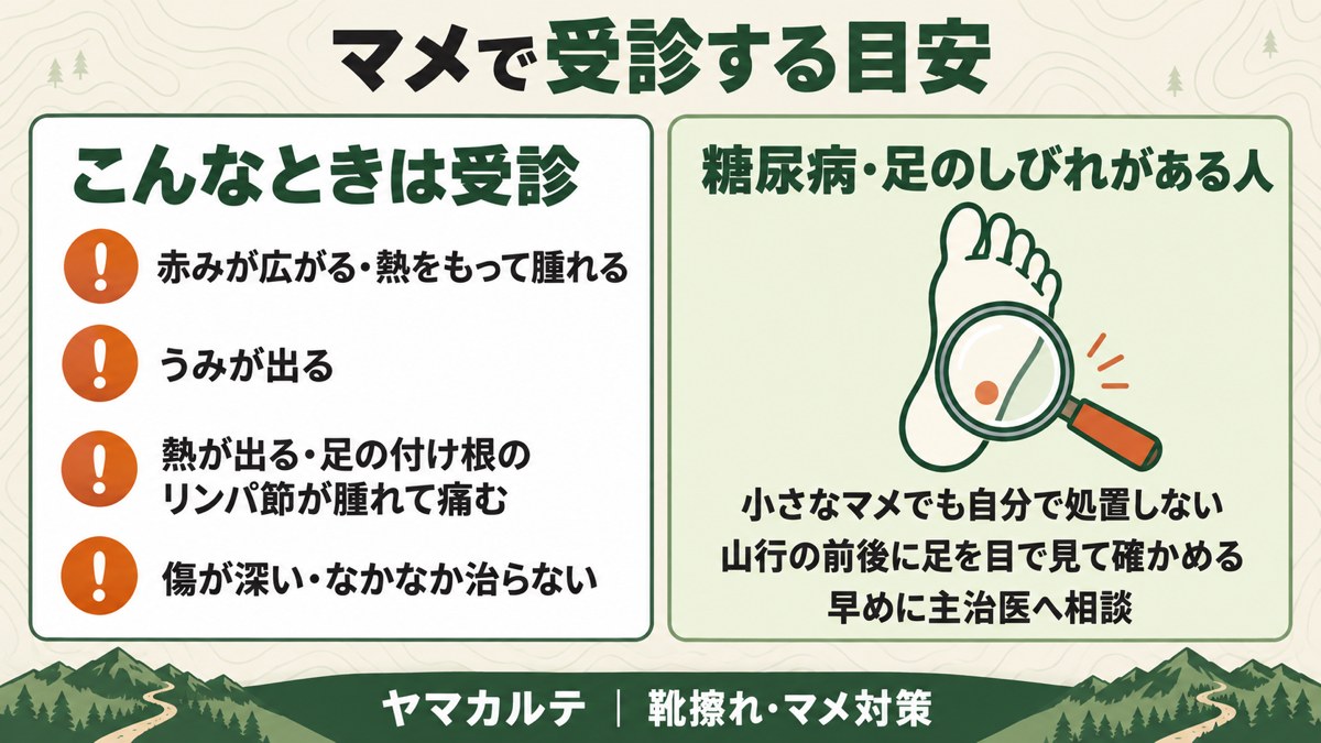 マメで受診する目安 赤みの広がり・うみ・発熱やリンパ節の腫れ・深い傷や治らない傷と、糖尿病や足のしびれがある人は自分で処置せず主治医に相談 図解 ヤマカルテ