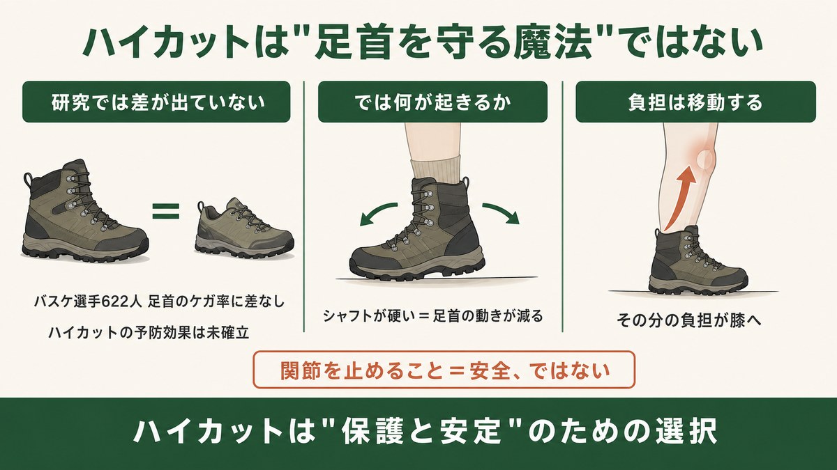 ハイカット登山靴が足首を守るは半分迷信という図解 バスケ選手622人で足首のケガ率に差なし シャフトが硬いと足首の動きが減りその分の負担が膝へ移る