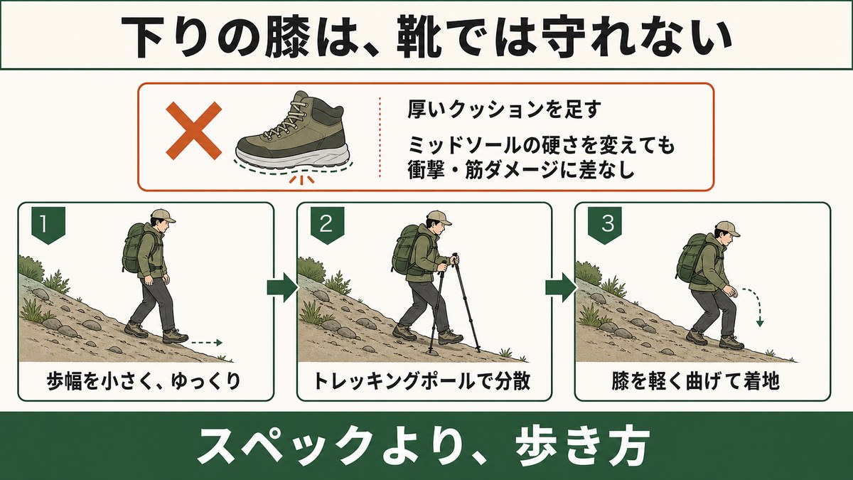 下りの膝は靴のクッションでは守れない図解 ミッドソールの硬さを変えても衝撃や筋ダメージに差なし 歩幅を小さくトレッキングポールで分散し膝を軽く曲げて着地
