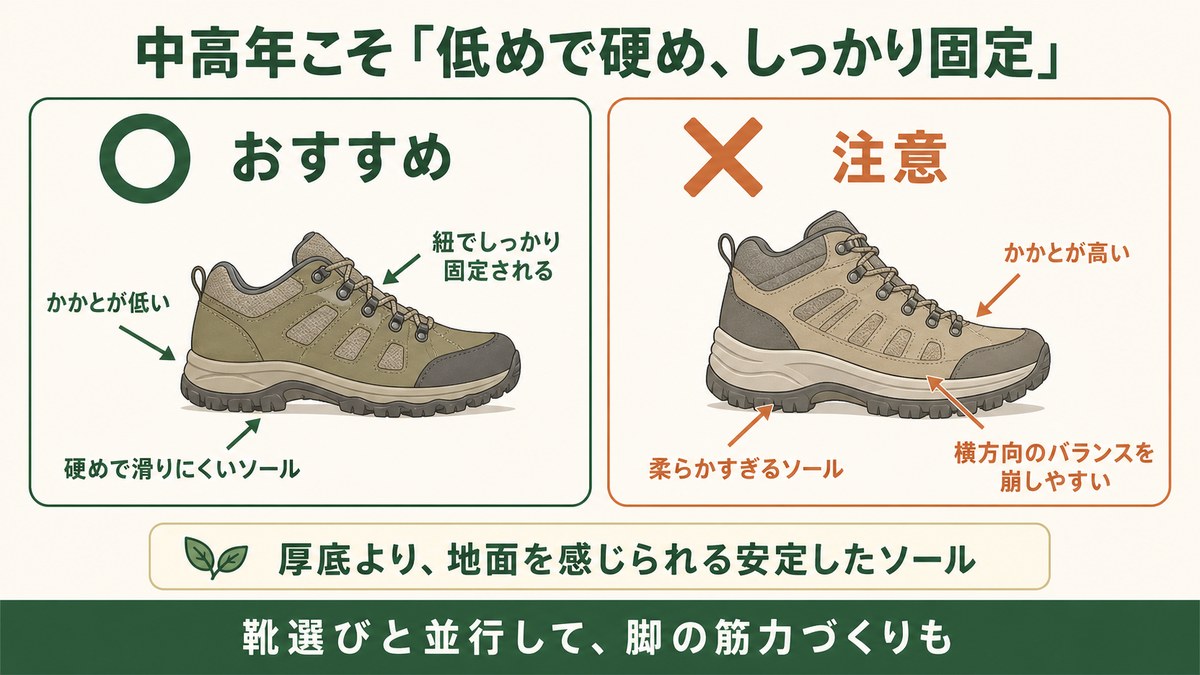 中高年の登山靴選びの図解 かかとが低く硬めで滑りにくいソールで紐でしっかり固定される靴が良い かかとが高く柔らかすぎるソールは横方向のバランスを崩しやすい