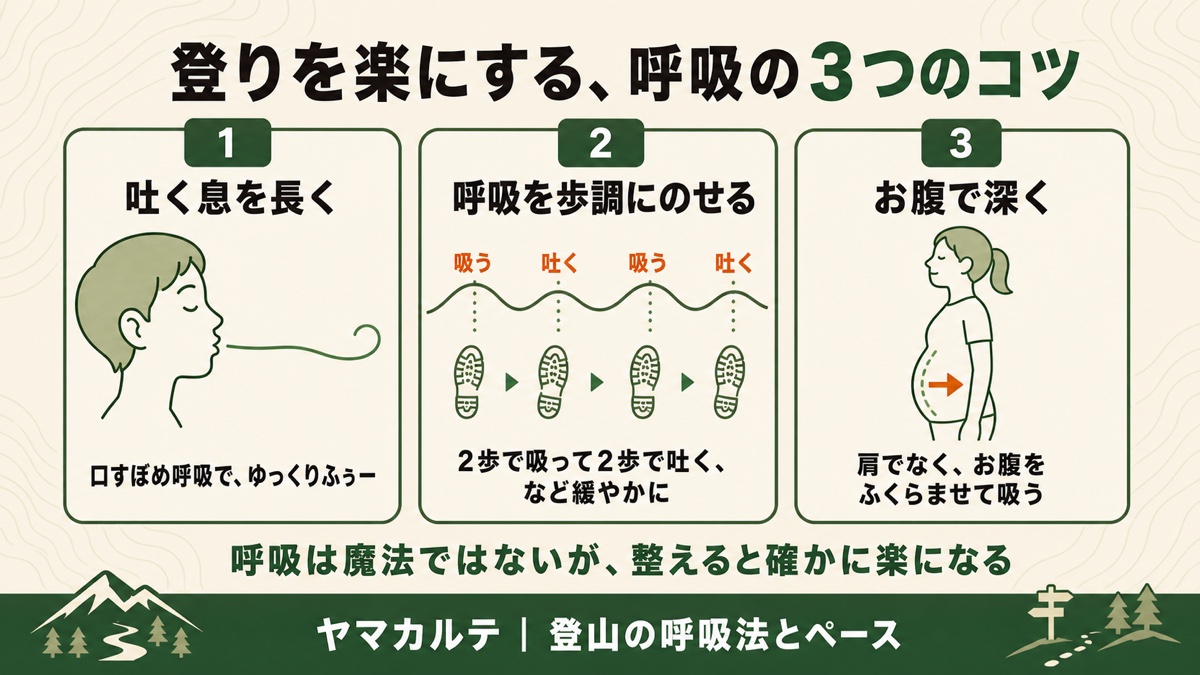 登りを楽にする呼吸の3つのコツ 吐く息を長く・呼吸を歩調にのせる・お腹で深く ヤマカルテ