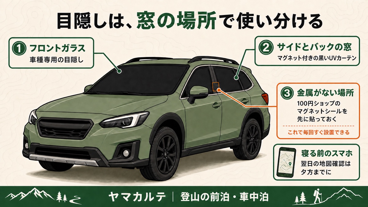車中泊の目隠しを窓の場所で使い分ける図解 フロントガラスは車種専用の目隠し、サイドとバックの窓はマグネット付きの黒いUVカーテン、金属がない場所は100円ショップのマグネットシールを先に貼っておく ヤマカルテ