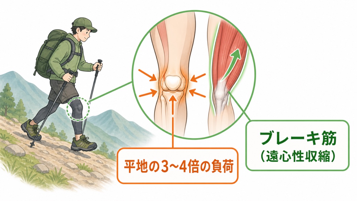 下り歩行で膝に平地の3〜4倍の負荷がかかり太もも前のブレーキ筋が遠心性収縮で支えることを示した図解