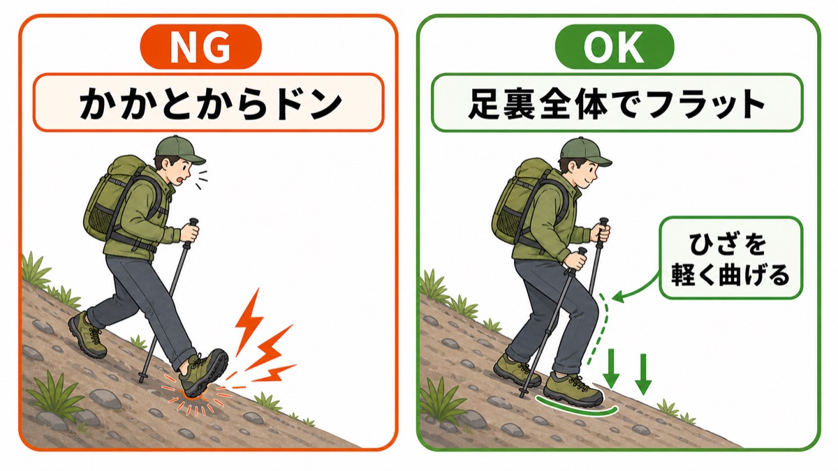 下りの着地でかかとから突っ込むNGと足裏全体でフラットに置きひざを軽く曲げるOKを比較した図解