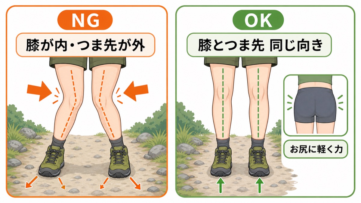 膝が内に入りつま先が外を向くknee-inのNGと膝とつま先を同じ向きにそろえるOKを比較した図解
