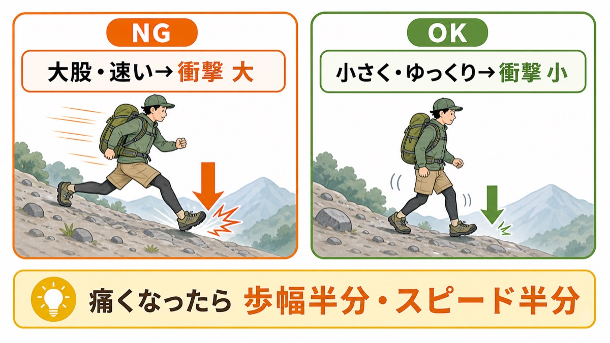 大股で速く下ると衝撃が大きく小さくゆっくり下ると衝撃が小さいこと痛くなったら歩幅半分スピード半分にする対処を示した図解