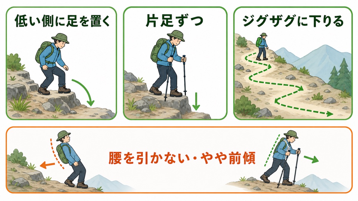 段差は低い側に足を置き片足ずつジグザグに下り腰を引かずやや前傾を保つ下り方のコツを示した図解