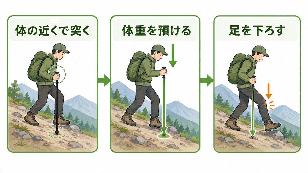 トレッキングポールを体の近くで突き体重を預けてから足を下ろしてブレーキを分担する3ステップの図解
