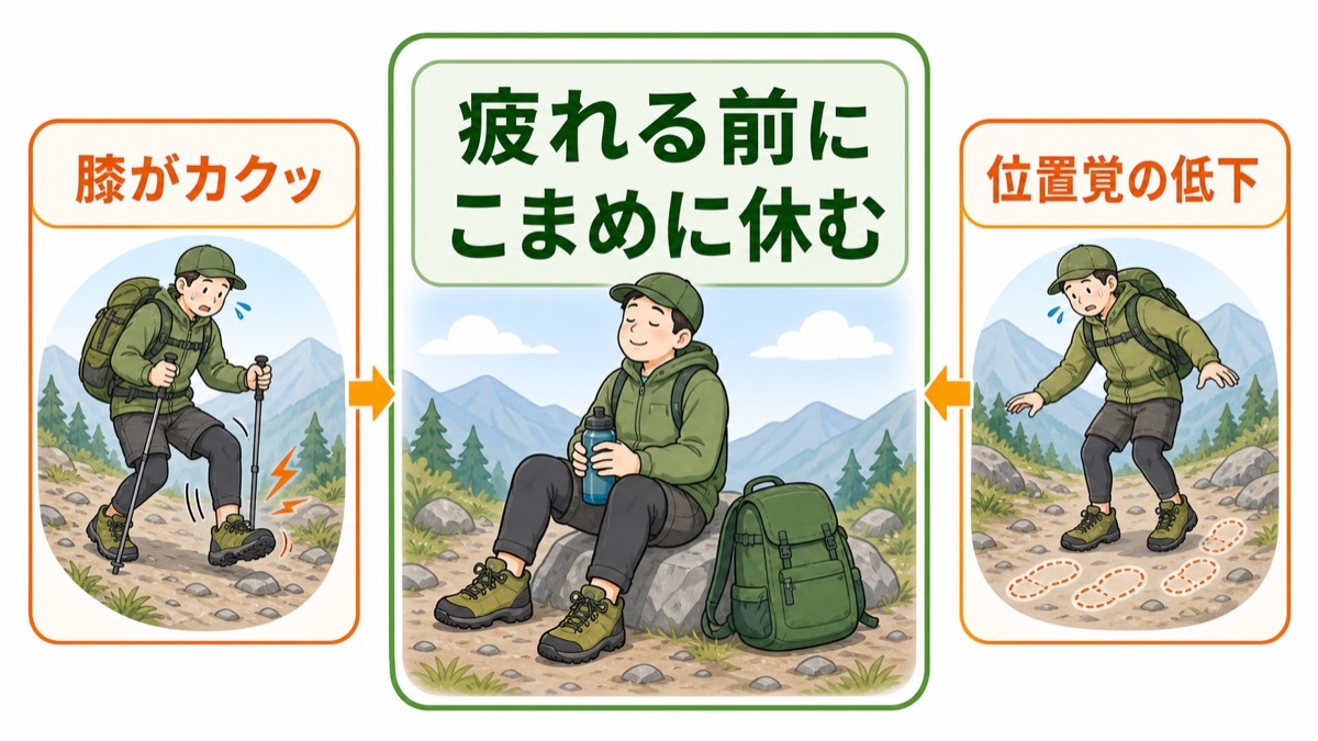 下りは疲れると膝がカクッとし位置覚が低下するため疲れる前にこまめに休むことを示した図解