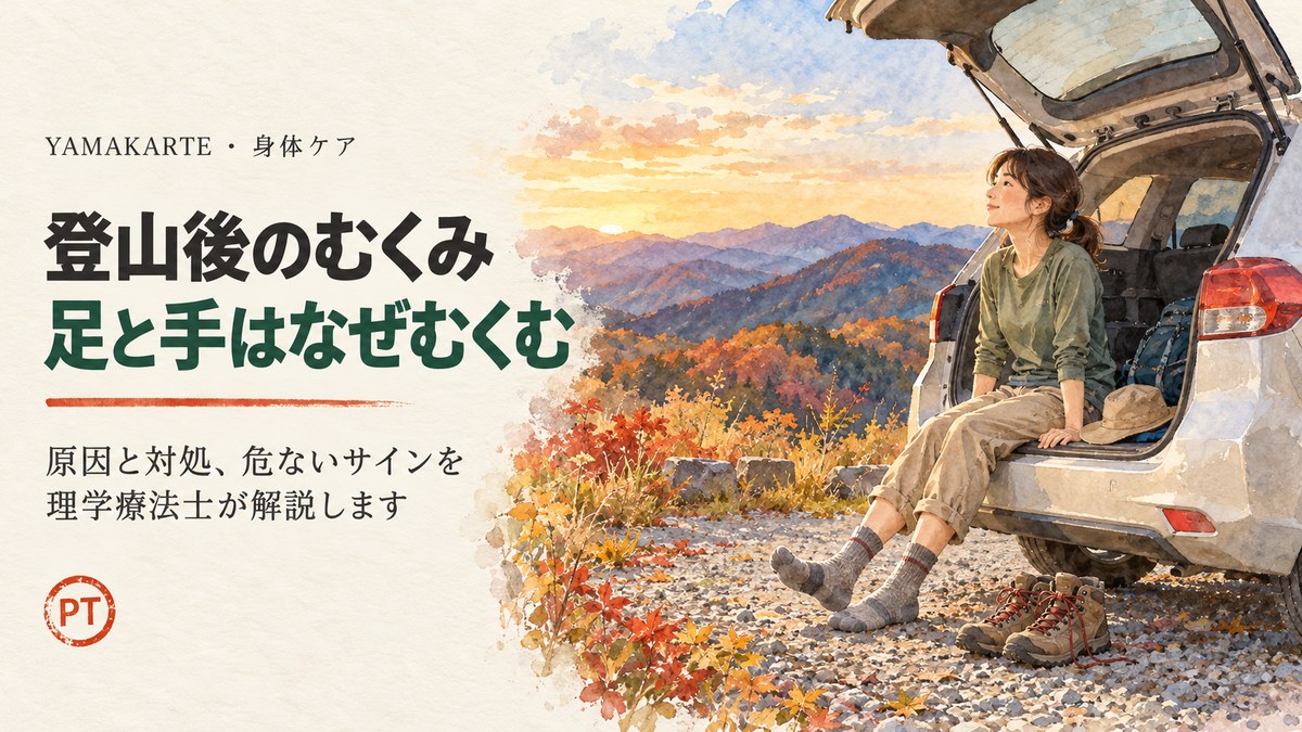 登山後のむくみの原因と対処 下山後に登山口の駐車場で靴を脱いで休む登山者の水彩画 足と手のむくみを理学療法士が解説 ヤマカルテ