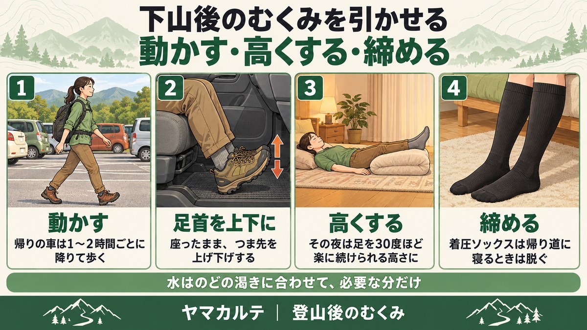 下山後のむくみを引かせる動かす・高くする・締める 帰りの車は1〜2時間ごとに降りて歩く、座ったまま足首を上下、その夜は足を30度ほど高く、着圧ソックスは帰り道に履き寝るときは脱ぐ、水は必要な分だけ ヤマカルテ