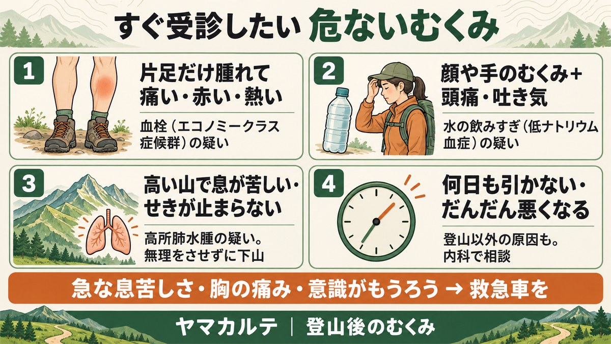 すぐ受診したい危ないむくみ 片足だけ腫れて痛い・赤い・熱いは血栓、顔や手のむくみと頭痛・吐き気は低ナトリウム血症、高い山で息が苦しいは高所肺水腫、何日も引かないは内科へ、急な息苦しさ・胸の痛み・意識がもうろうは救急車 ヤマカルテ