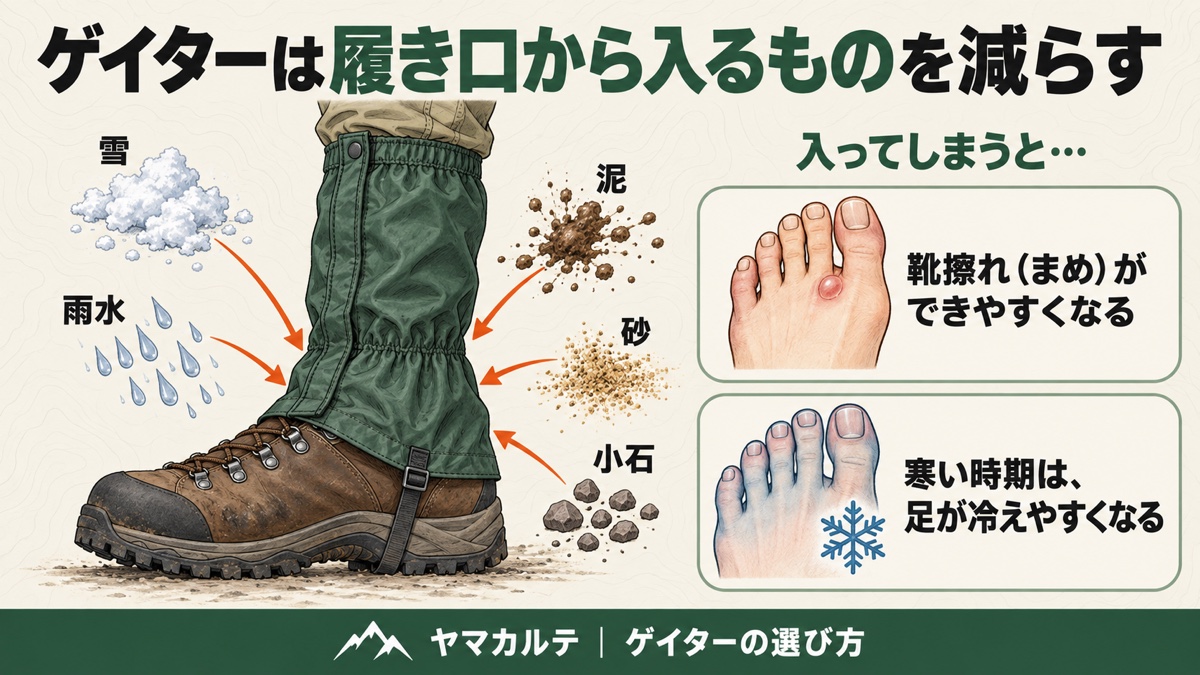 ゲイターは履き口から入るものを減らすことを示す図解 雪・雨水・泥・砂・小石を防ぎ、入ると靴擦れや足の冷えにつながる ヤマカルテ