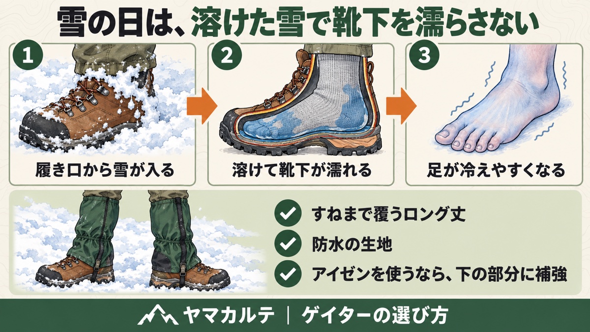 雪の日のゲイターの図解 履き口から雪が入り溶けて靴下が濡れ足が冷えやすくなる流れと、ロング丈・防水・補強の選び方 ヤマカルテ
