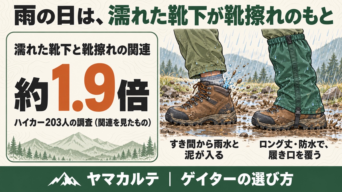雨の日のゲイターの図解 濡れた靴下と靴擦れに約1.9倍の関連があったハイカー203人の調査と、ロング丈・防水で履き口を覆う比較 ヤマカルテ