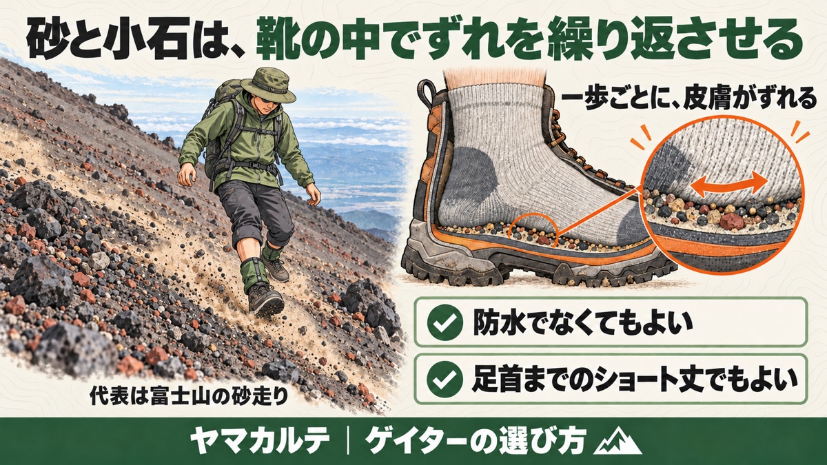 砂と小石のゲイターの図解 富士山の砂走りを下る登山者と靴の中の砂で皮膚がずれるしくみ、防水なし・ショート丈でもよい ヤマカルテ