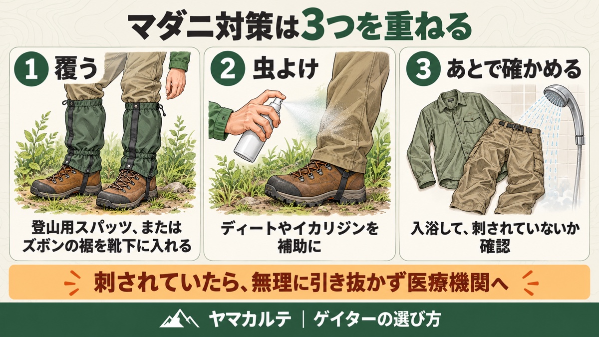 マダニ対策の図解 登山用スパッツで覆う・虫よけ・入浴して確かめるの3つを重ね、刺されていたら無理に引き抜かず医療機関へ ヤマカルテ