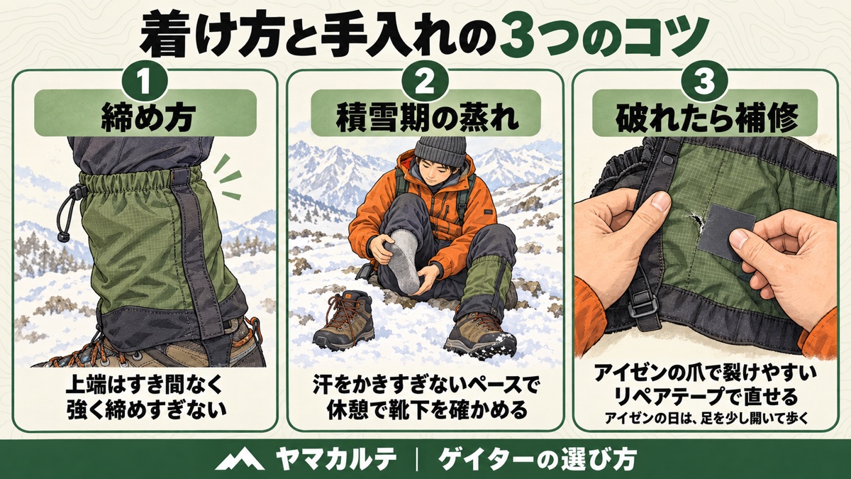 ゲイターの着け方と手入れの図解 上端はすき間なく締めすぎない、積雪期は休憩で靴下を確かめる、アイゼンで裂けたらリペアテープで補修 ヤマカルテ