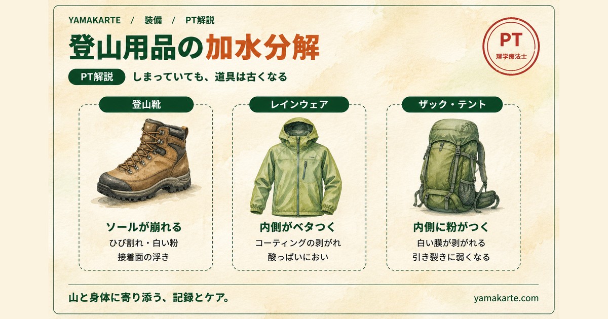 登山用品の加水分解|ソール崩れ・ベタつきと買い替えどき【PT解説】
