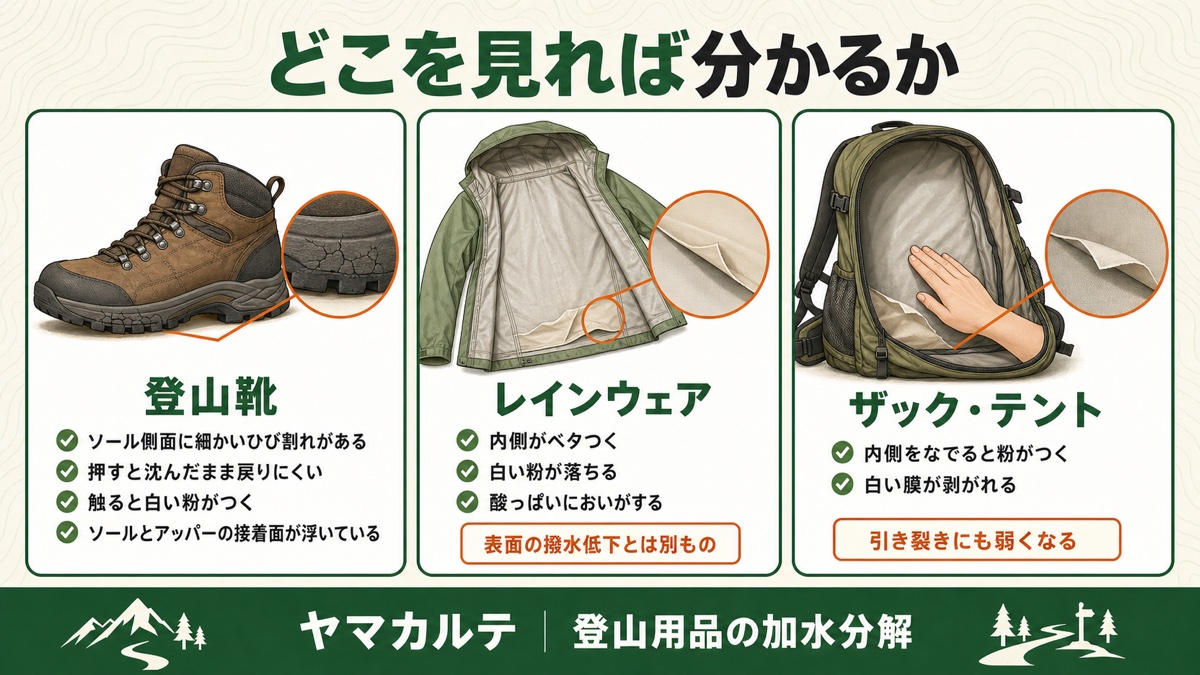 登山用品の劣化を見分けるチェックポイント早見表 登山靴はソール側面のひび割れと白い粉と接着面の浮き レインウェアは内側のベタつきと白い粉と酸っぱいにおい ザック・テントは内側の粉と白い膜の剥がれ ヤマカルテ