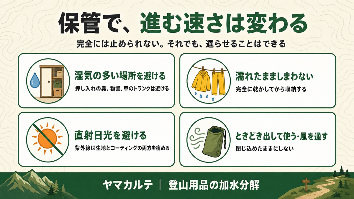 登山用品の加水分解を遅らせる保管の4つのコツ 湿気の多い場所を避ける 濡れたまましまわない 直射日光を避ける ときどき出して使い風を通す ヤマカルテ