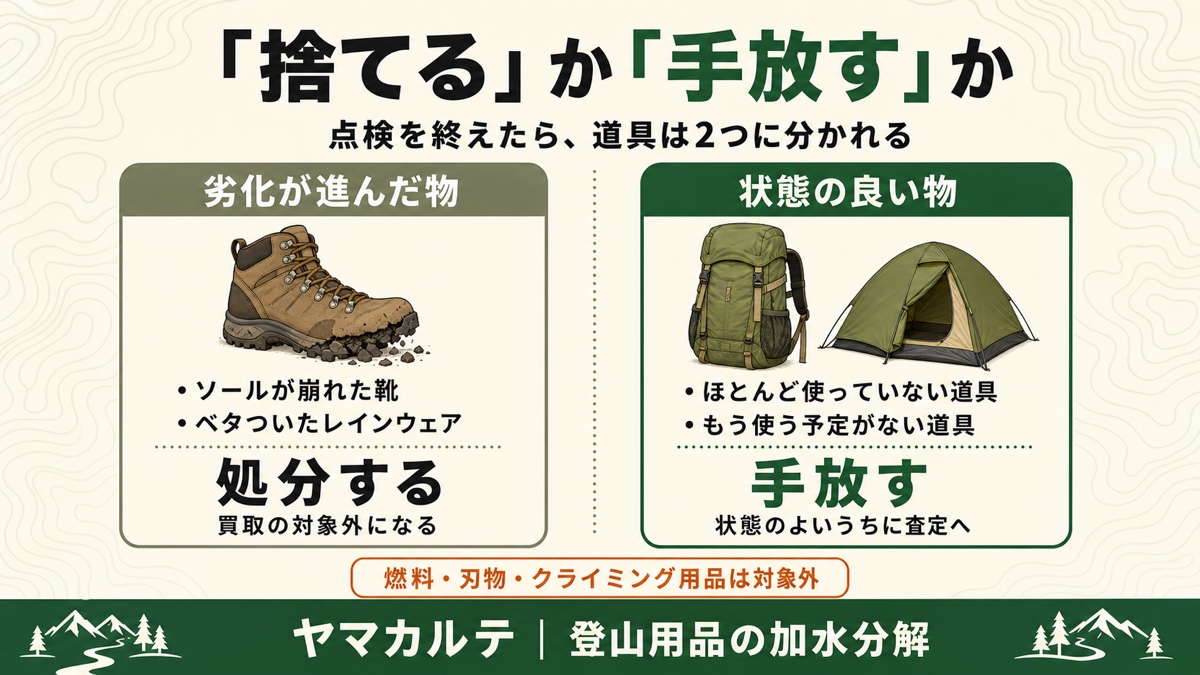 登山用品を捨てるか手放すかの仕分け 劣化が進んだ物はソールが崩れた靴やベタついたレインウェアで処分し買取の対象外 状態の良い物は手放して状態のよいうちに査定へ 燃料・刃物・クライミング用品は対象外 ヤマカルテ