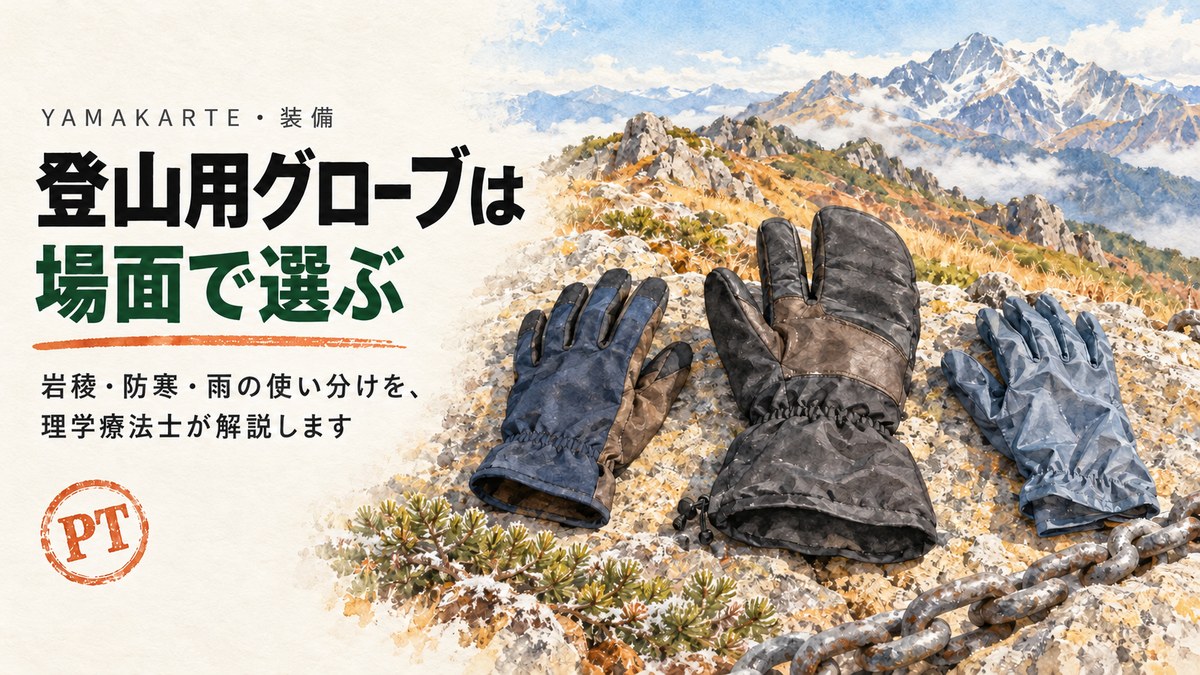 登山用グローブは場面で選ぶ 岩場用の薄手の手袋・冬用の三本指オーバー手袋・雨用の防水手袋を稜線の岩に並べた水彩画 理学療法士が解説 ヤマカルテ
