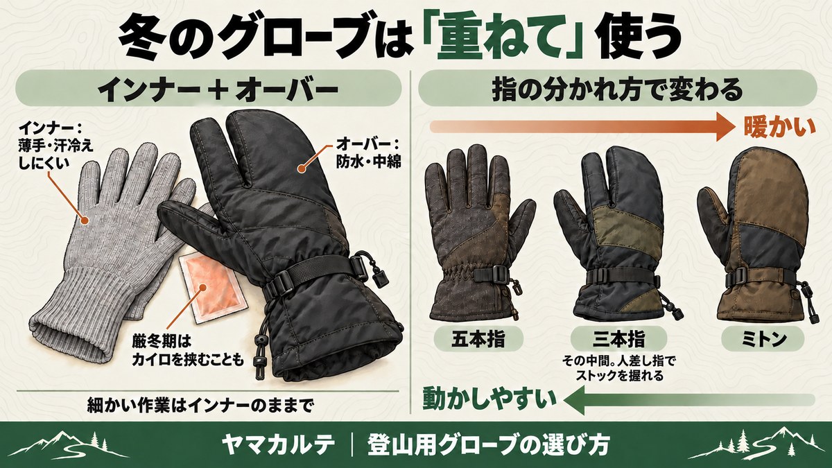 冬のグローブは重ねて使う インナーとオーバーの重ね方とカイロの位置、五本指・三本指・ミトンの暖かさと動かしやすさの違い ヤマカルテ