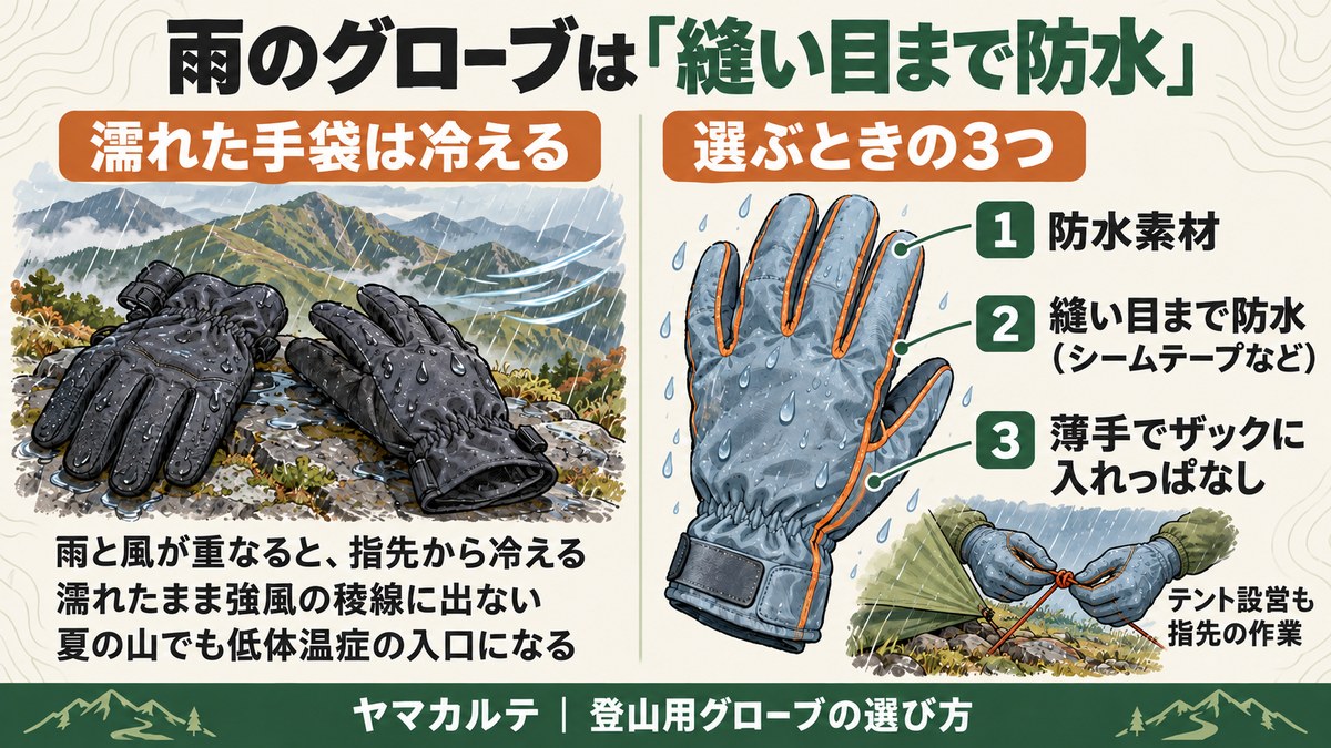 雨のグローブは縫い目まで防水 濡れた手袋は冷える理由と、防水素材・縫い目まで防水・薄手でザックに入れっぱなしの3つの選び方 ヤマカルテ
