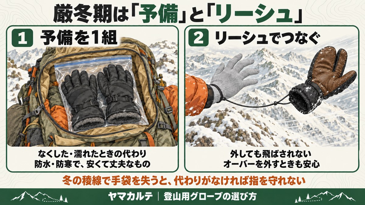 厳冬期は予備とリーシュ ザックに入れた予備の防寒手袋1組と、インナー手袋の右手首からリーシュでつないだ右手用のオーバー手袋が強風でも飛ばされない様子 ヤマカルテ