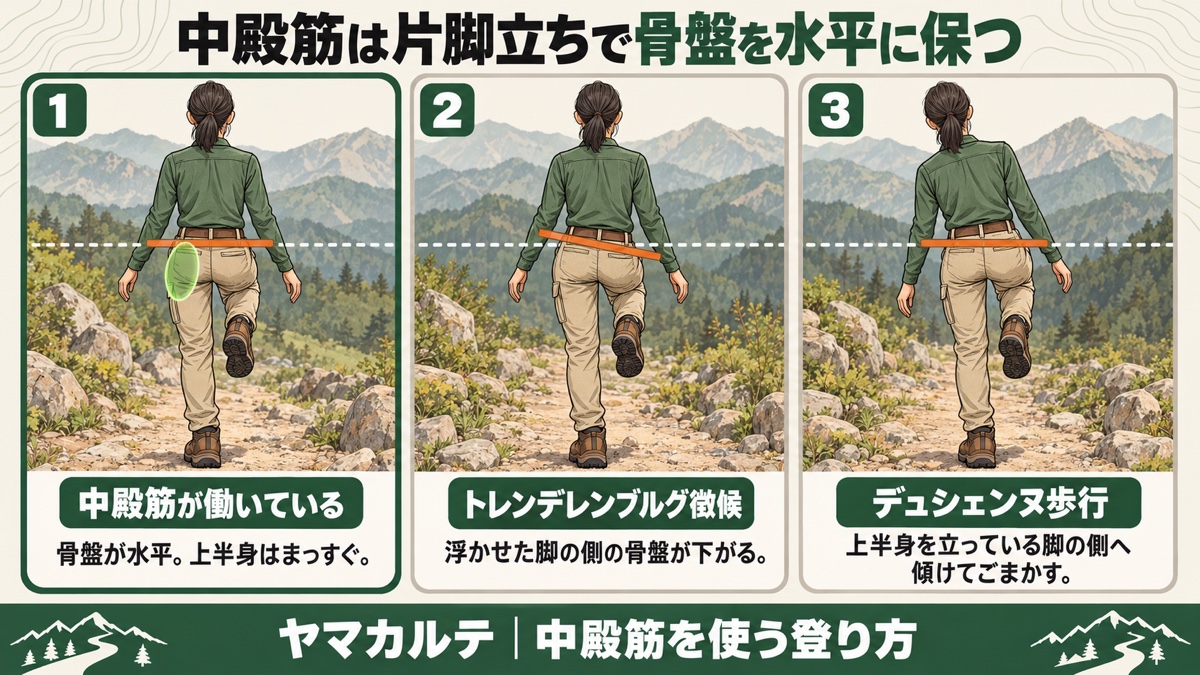 中殿筋は片脚立ちで骨盤を水平に保つ 中殿筋が働いている姿とトレンデレンブルグ徴候とデュシェンヌ歩行を後ろ姿で比較 ヤマカルテ