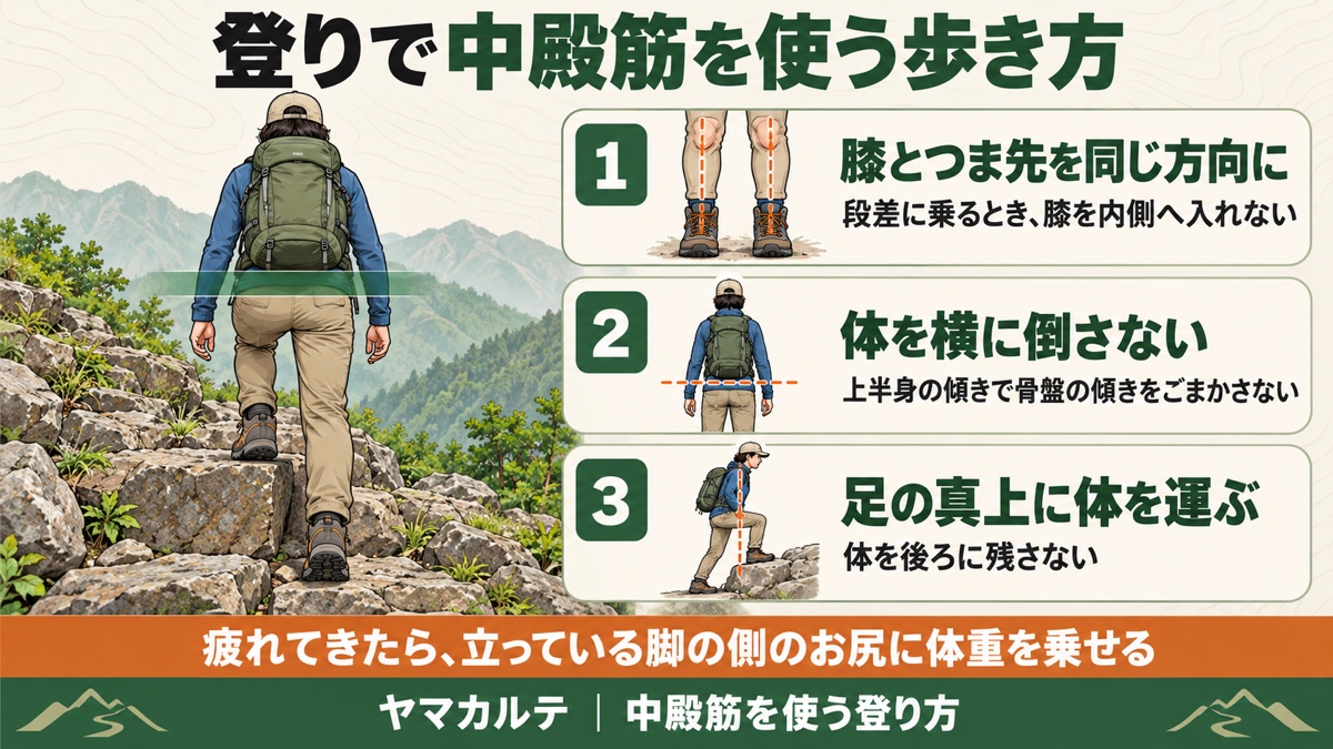 登りで中殿筋を使う歩き方 膝とつま先を同じ方向に・体を横に倒さない・足の真上に体を運ぶ 疲れてきたら立っている脚の側のお尻に体重を乗せる ヤマカルテ