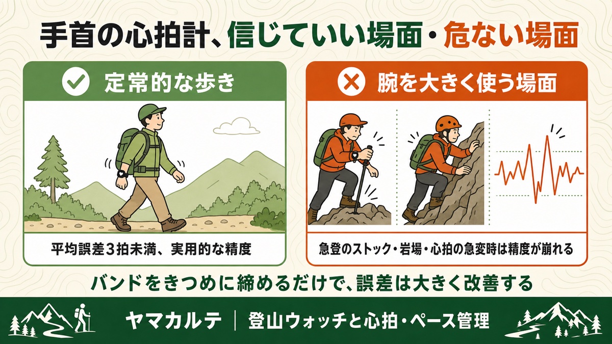 手首の心拍計を信じていい場面と危ない場面 定常的な歩きはOK・急登のストックや岩場など腕を大きく使う場面は精度が崩れる ヤマカルテ