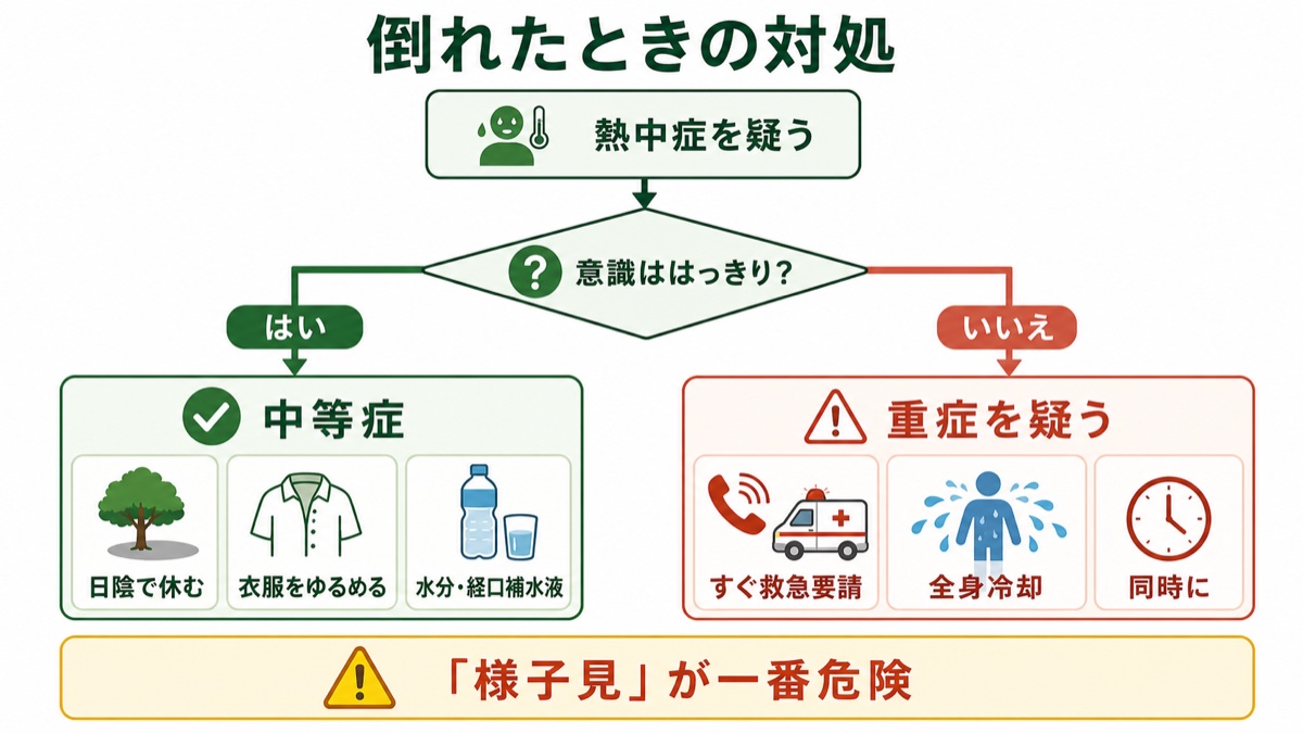 熱中症で倒れたときの対処フロー 意識がはっきりなら中等症で日陰と水分、意識がおかしいなら重症を疑い救急要請と全身冷却を同時に行う図解