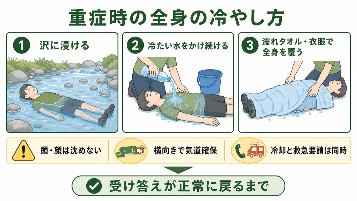 熱射病の重症時に全身を冷やす方法 沢に浸ける・冷たい水をかけ続ける・濡れタオルで全身を覆う 頭は沈めず横向きで気道確保し冷却と救急要請は同時に行う図解