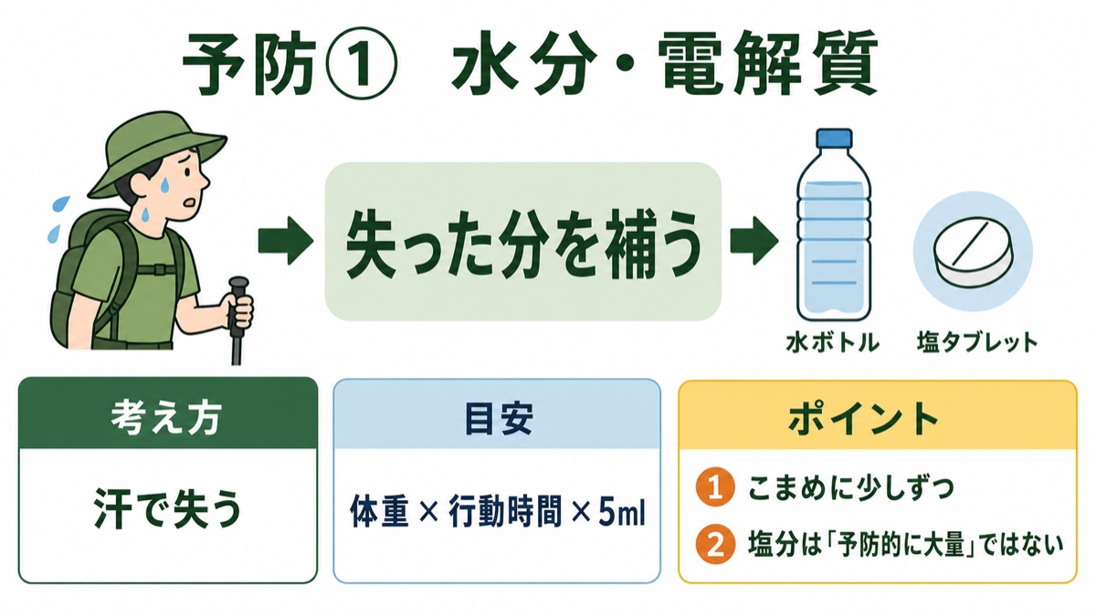熱中症予防の水分・電解質補給の考え方 失った分を体重×行動時間×5mlで補い塩分はこまめに少しずつ摂るという図解