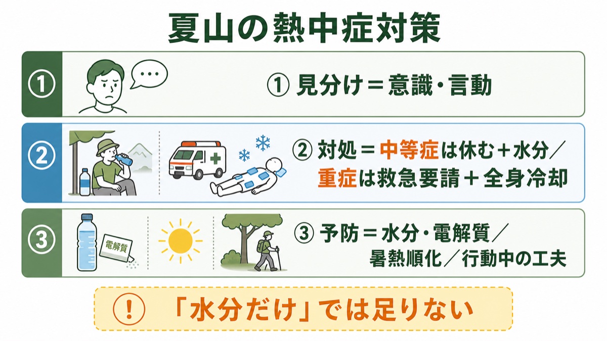 夏山の熱中症対策まとめ 見分けは意識・言動、対処は中等症が休息と水分で重症は救急要請と全身冷却、予防は水分電解質と暑熱順化と行動中の工夫という図解
