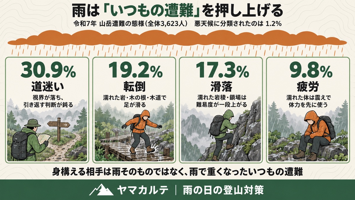 雨が押し上げる4つの遭難 令和7年の山岳遭難全体で道迷い30.9%・転倒19.2%・滑落17.3%・疲労9.8% 悪天候に分類されたのは1.2% ヤマカルテ