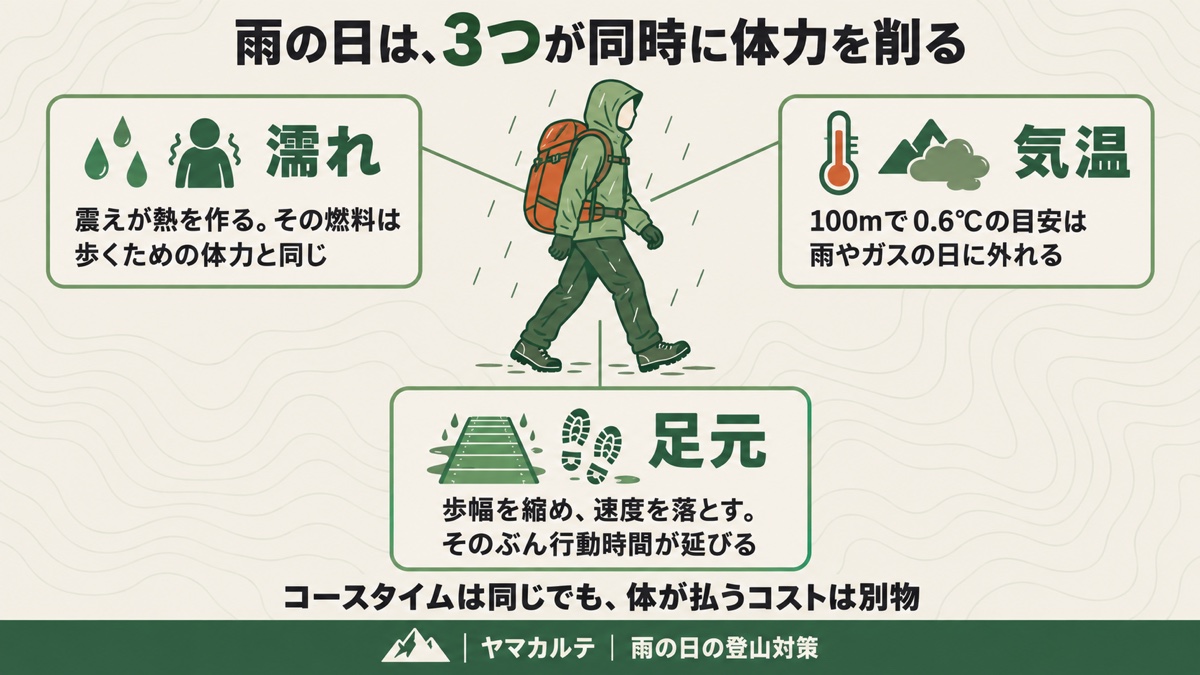 雨の日は濡れ・気温・足元の3つが同時に体力を削る 震えの燃料は歩く体力と同じ・100mで0.6℃の目安は雨で外れる・歩幅を縮めて行動時間が延びる ヤマカルテ