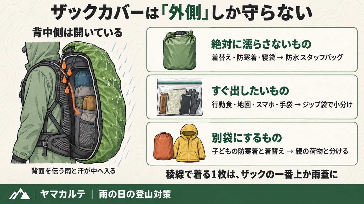 ザックカバーは外側しか守らない 背中側が開いていて背面を伝う雨と汗が中へ入る 着替え・防寒着は防水スタッフバッグ、行動食・地図・スマホはジップ袋、子どもの防寒着は別袋 ヤマカルテ
